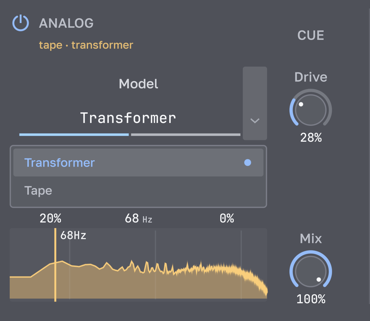 The Analog model menu with Transformer and Tape