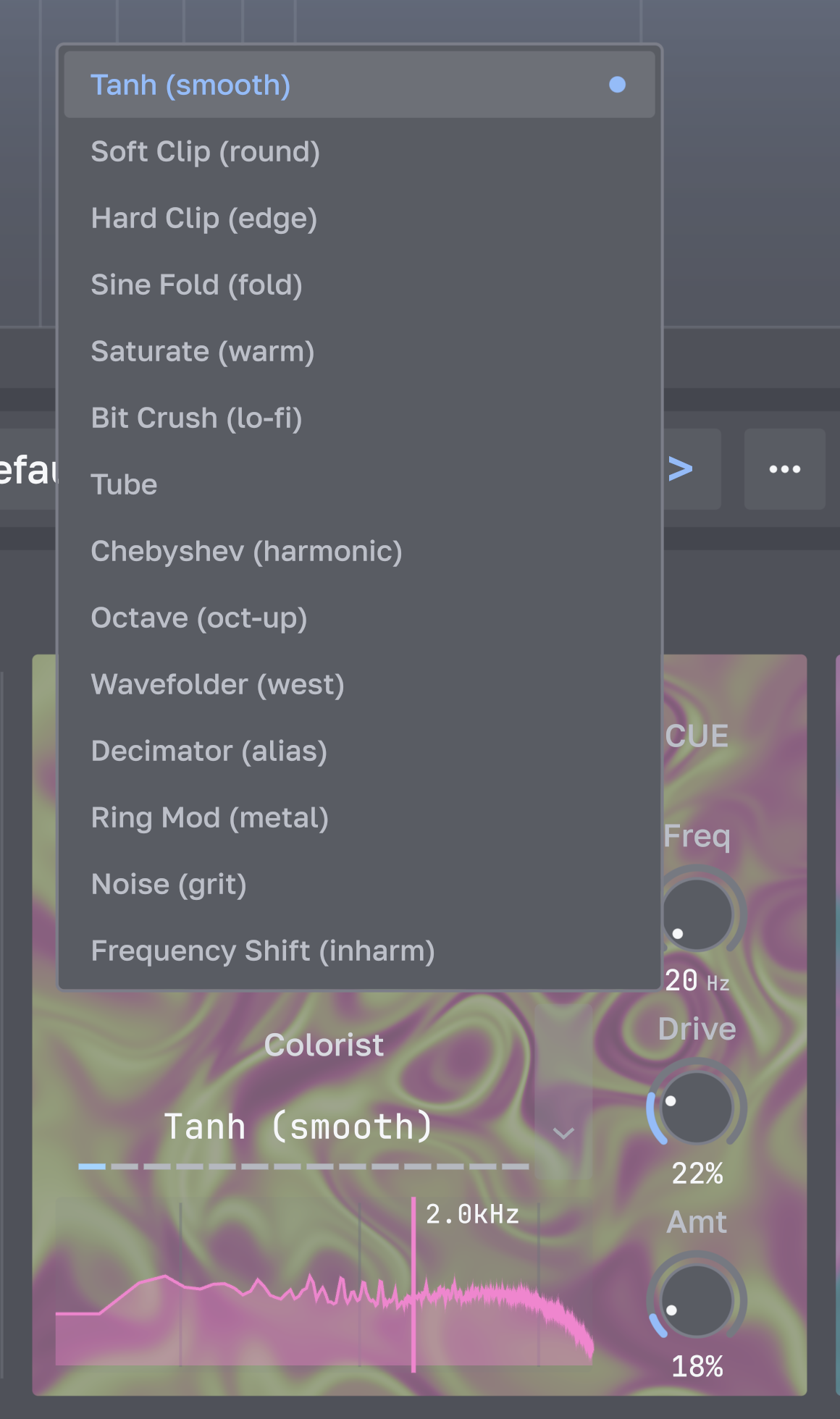 Native Colorist menu showing fourteen algorithms for the Odd harmonic processor