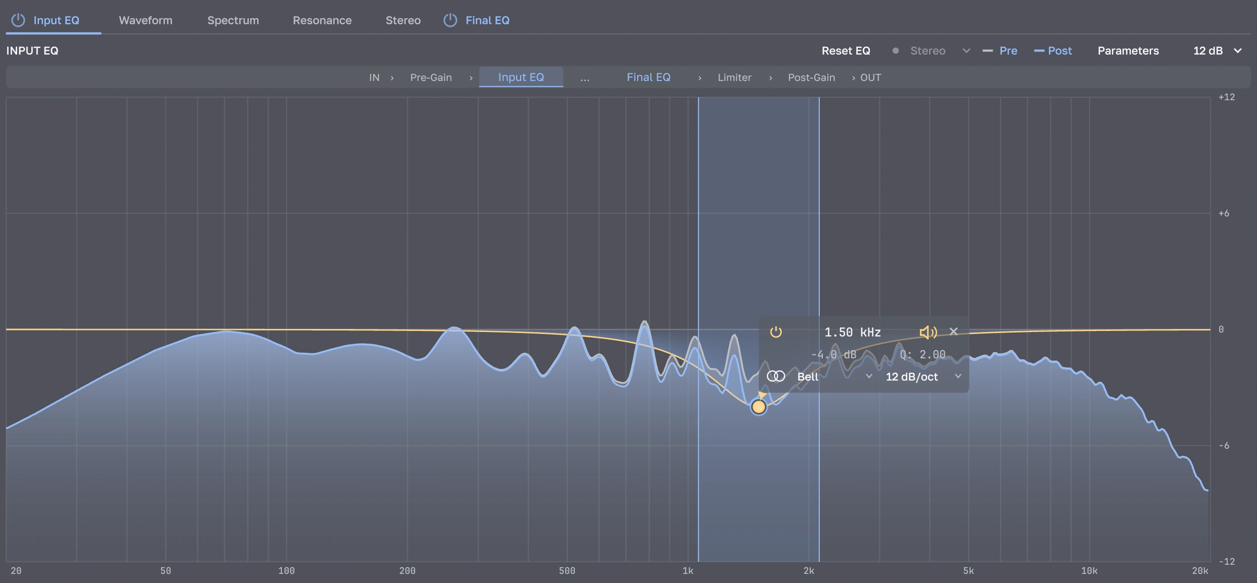 Native EQ audition: selected frequency range highlighted on the analyzer