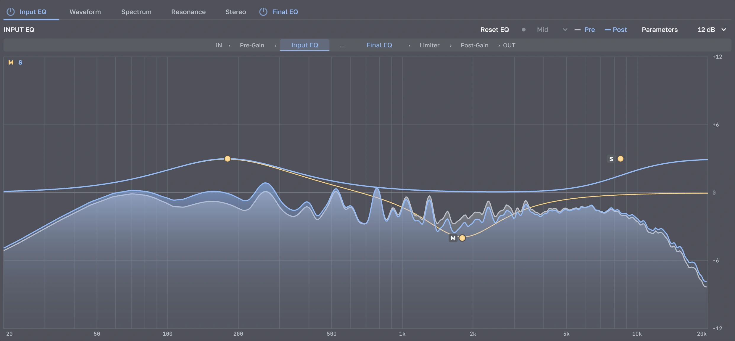 Input EQ with independent Mid and Side curves and pre/post spectra