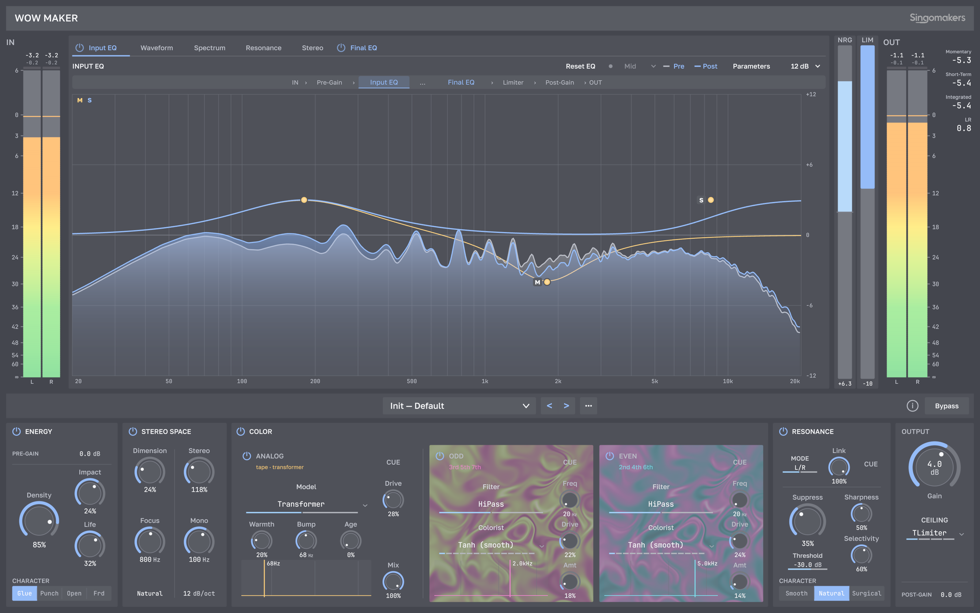 WOW MAKER interface with EQ, Color, Resonance, Stereo Space and loudness controls