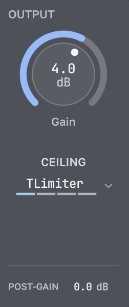 Output Gain set to +4.0 dB, TLimiter ceiling mode and Post-Gain at 0 dB