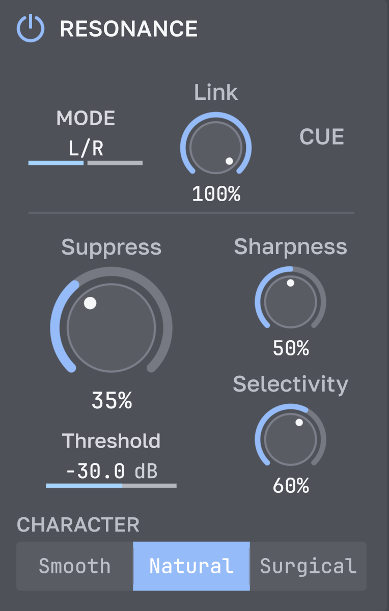 Resonance controls for mode, link, suppress, threshold, sharpness, selectivity and character