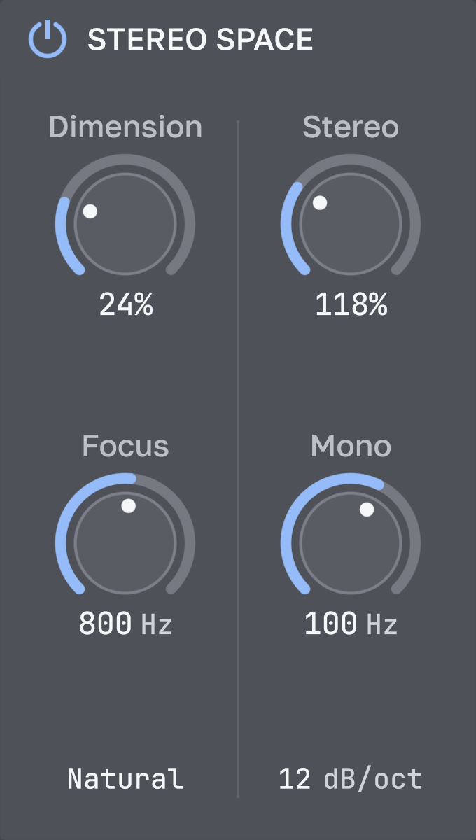 Stereo Space Dimension, Stereo, Focus, Mono, Natural character and 12 dB per octave slope